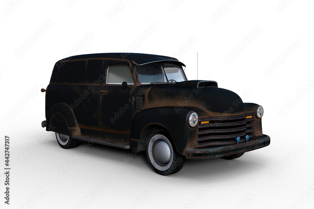 3D rendering of an old black retro American panel van isolated on white background.
