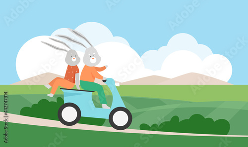 Bunny rabbits ride scooter in summer green rural landscape vector illustration. Cartoon cute funny rabbit animal characters travel together, driving moped on village road, creative kids background