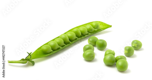 Young peas, sweet pea beans isolated on white background.