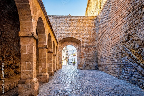 narrow street in old town, ibiza, spain
