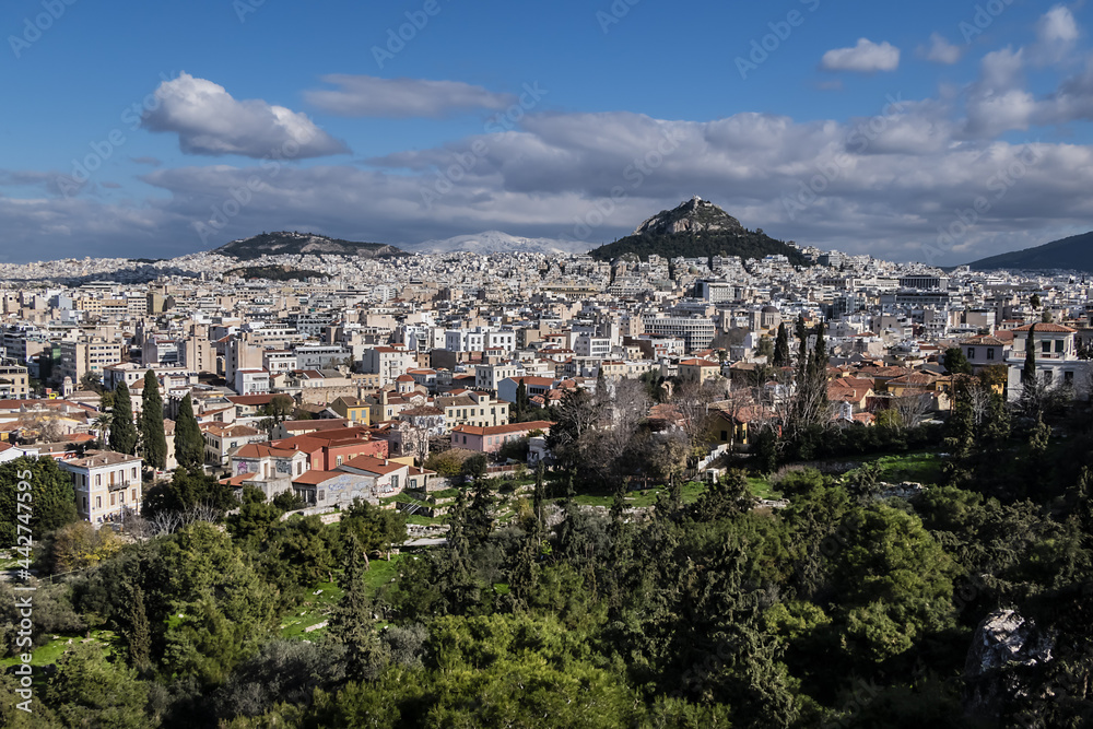 Panoramic view over the old town of Athens from Acropolis hill. Athens, Greece.