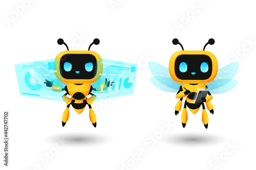 Set of cute bee robot ai character in analyze screen and write on tablet pose