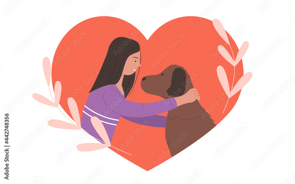 Adopt dog, happy woman and doggy friend vector illustration. Cartoon young girl pet owner character and funny puppy inside pink heart, adoption, love and friendship with domestic animal isolated