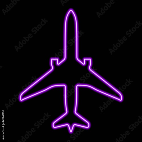 Airplane neon sign, modern glowing banner design, colorful trend of modern design on black background. Vector illustration.