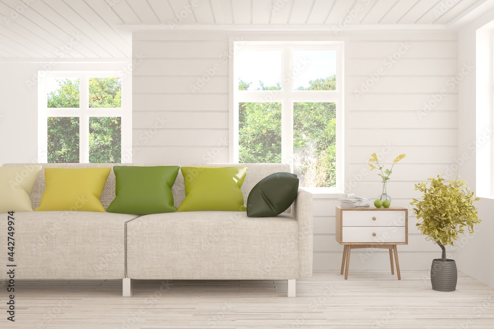 Fototapeta premium Minimalist living room in white color with sofa and summer landscape in window. Scandinavian interior design. 3D illustration