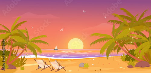 Sunset on tropical beach, tropic paradise vacation landscape vector illustration. Cartoon palm trees, resort lounges on sand, setting sun on on water waves in summertime beachside scenery background