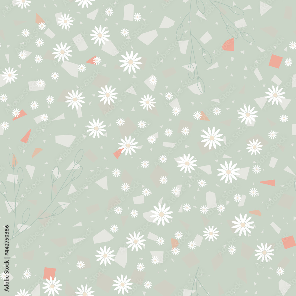 Chamomile seamless pattern. Abstract background with white daisies on green. Pattern for textiles, fabrics, bed linen, wallpaper. Decorative print for design with chamomile and daisies. Vector