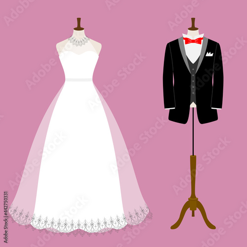Illustration of tuxedo and wedding dress (white background, vector, cut out)