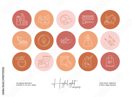 Set of hand drawn line art beauty vector illustrations. Vector set design templates icons and emblems - social media story highlight.