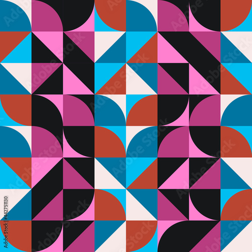 Colorful art. Vector geometric tiles. Abstract rounded and cornered tiles. Avant garde decor blue, pink, red and black shapes.
