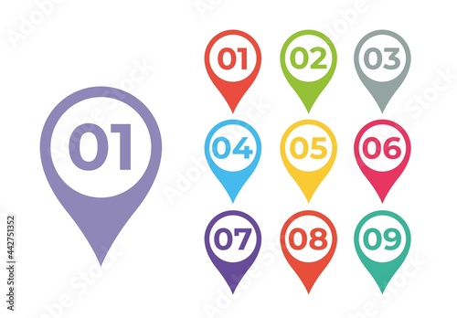 Vector illustration bullet point set. Marker in retro color. Pins with numbers