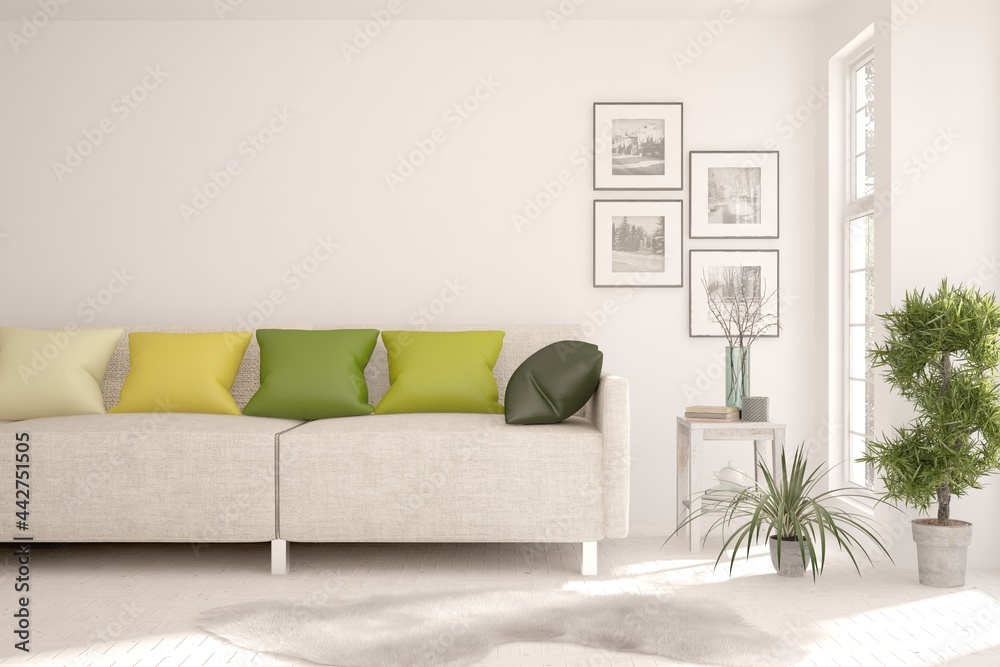 White living room with sofa. Scandinavian interior design. 3D illustration White living room with sofa. Scandinavian interior design. 3D illustration