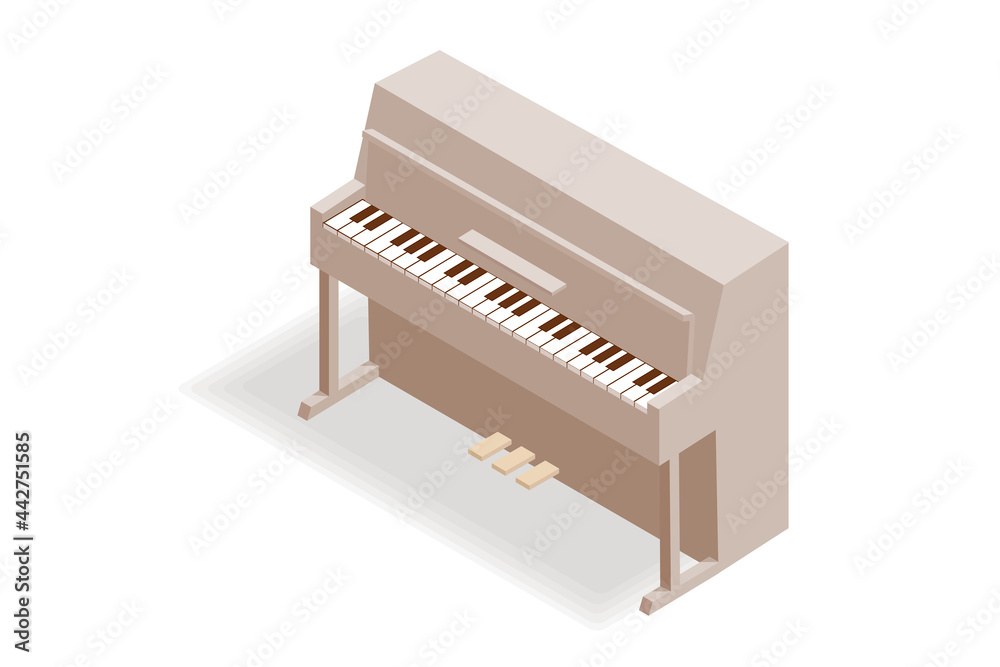 Isometric piano illustration. Woodden clasical, acoustic piano illustration isolated on white background.