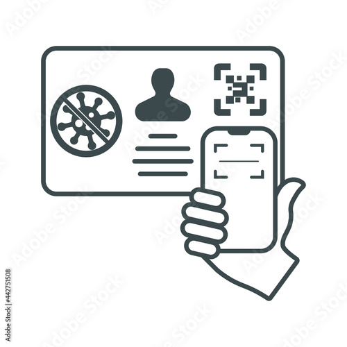 The passport of the Covid-19 vaccine is scanned on a smartphone with a confirmed immunity QR code for traveling abroad or visiting public places. Illustration on white background