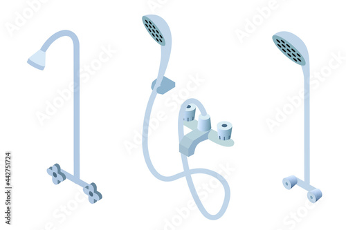 Shower illustration set. Collection of vector isometric showers. Silver showers with pipe and head isolated on white background