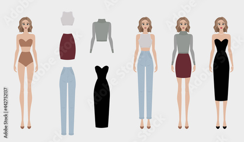 Paper doll with set of basic fashion clothes: evening dress, sweater, skirt, top and jeans.