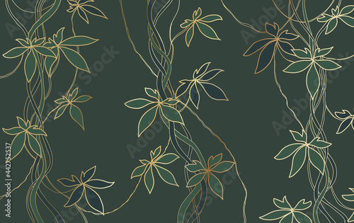 Luxury gold tropical vintage floral pattern with lianas, jungle tropical leaves golden line art design for packaging background