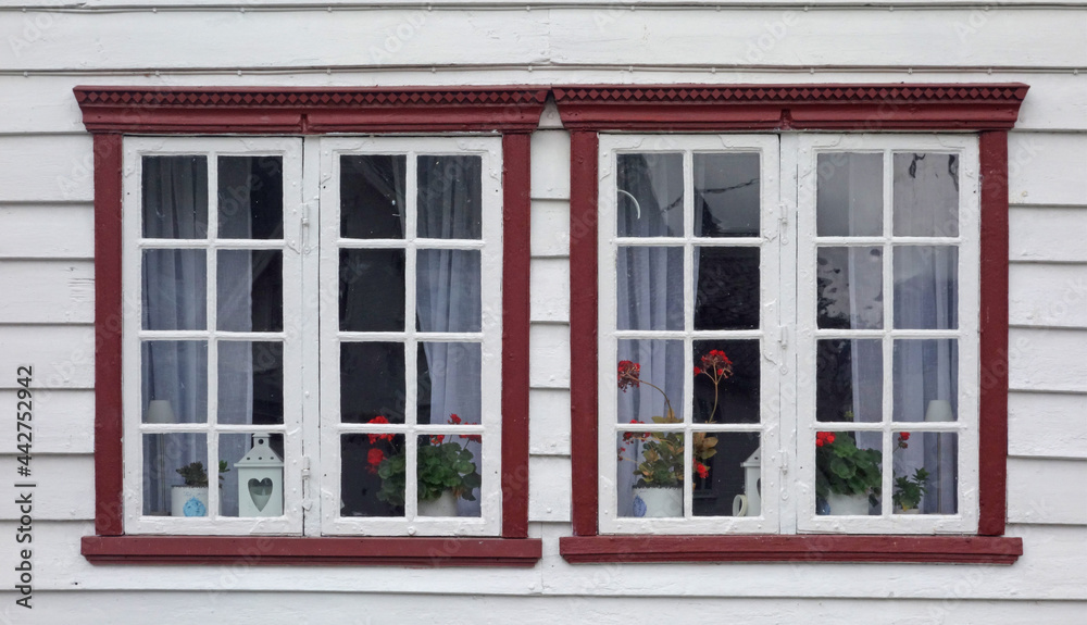 glass window with red frame, Hellesylt, Norway glass window with red frame, Hellesylt, Norway