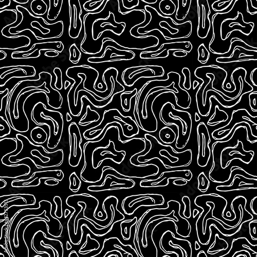 Seamless abstract pattern. Doodle illustration with abstract design on black background. Vintage abstract pattern, sweet elements background for your project, menu, cafe shop. © eliyashevskiy