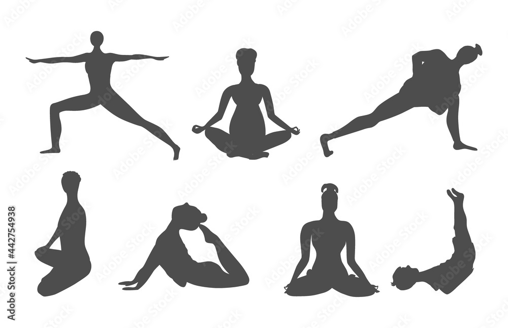 Set of icons with adults and children doing yoga