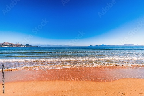 crystal clear sea on a warm sunny day with blue sky in playa de muro beach in mallorca  spain