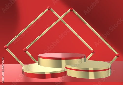 3d Rendering of abstract red and gold color geometric shape podium with golden frame at the background. Modern minimalist mockup for the showcase cosmetics product, advertising, display, presentation.