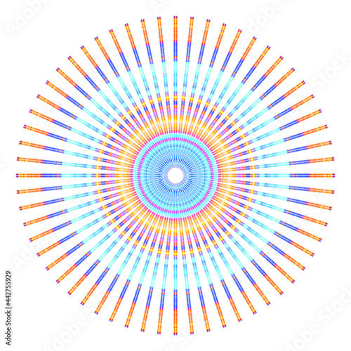 Creative multicolored points round symbol. Abstract symmetrical logo. Mosaic colorful beautiful beads. Circle dots modern pixel floral art icon. Colored pattern ornament wheel decorative illustration.