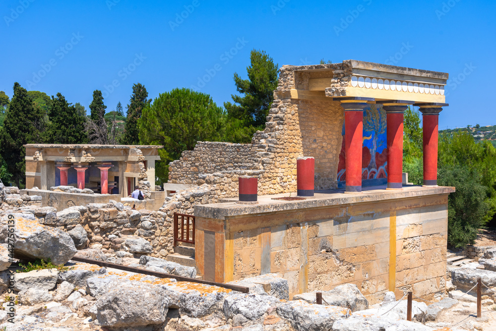The North Entrance of the Palace with charging bull fresco in Knossos at Crete, Greece