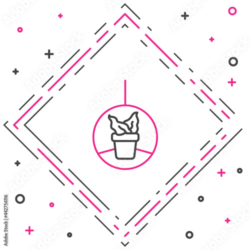 Line Plant in hanging pot icon isolated on white background. Decorative macrame handmade hangers for flower pot, hang indoor plants. Colorful outline concept. Vector