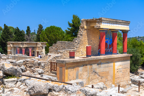 The North Entrance of the Palace with charging bull fresco in Knossos at Crete, Greece photo