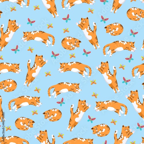 Cats and butterflies seamless pattern in flat style, vector background with animals, cat in different poses pattern.
