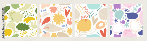 Collection of modern abstract seamless patterns with natural colorful shapes or blots on white background. Trendy motley vector illustration in flat style for wrapping paper, textile print, wallpaper