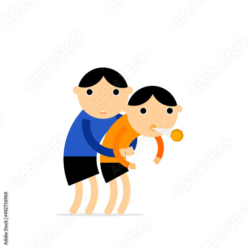Cartoon of a man do Heimlich maneuver with conscious choking man. Character of Heimlich maneuver by one provider.