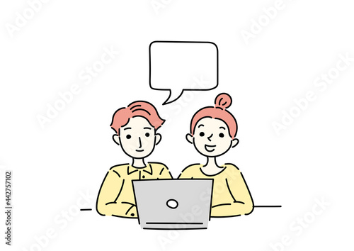 パソコンの前に座る男女のイラスト