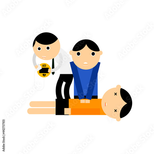 Cartoon charecters of an unconscious person with two provider. The Cardiopulmonary Resuscitations or CPR with Automatic External Defibrillator or AED by two provider. 