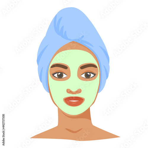 Young black woman with cosmetic mask and towel on head. Skincare procedures at home. Cosmetic clay or sheet mask. Vector