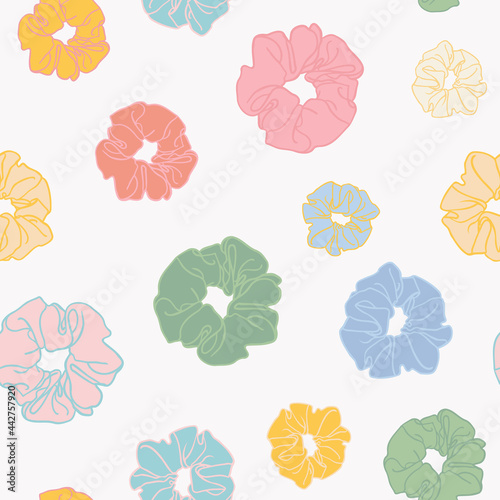 Scrunchie Seamless Repeat Pattern. Random placed, vector hair tie accessories all over surface print on white background.