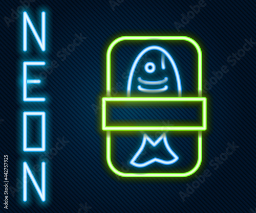 Glowing neon line Fish plastic tray container with cellophane cover icon isolated on black background. Colorful outline concept. Vector