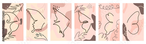 Set pink and nude stories highlights covers outline a butterfly, diamond, hand and key.