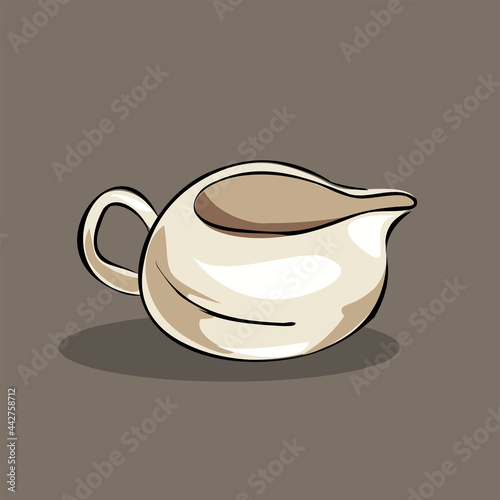 Clay porcelain jug, vessel for sauce, milk. Part of a cookware set. Isolated vector objects.