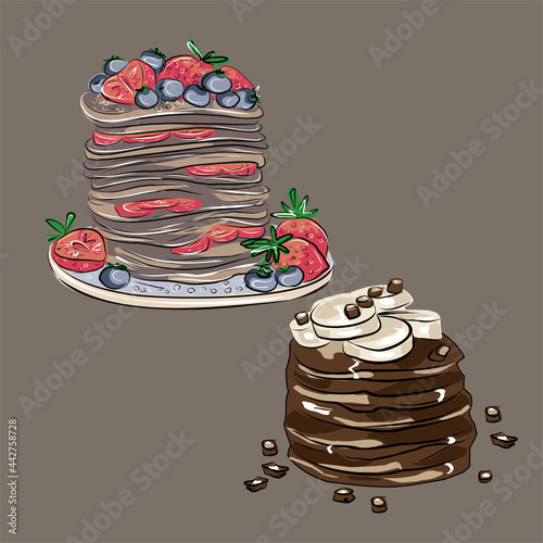 Vegan pancake with strawberries and blueberries and chocolate pancake with bananas and chocolate chips. Vegan, food, holiday. Isolated vector objects.