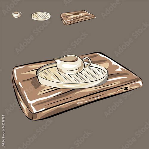 Ceramic kitchen utensils. Wooden cutting board. Nude tones. Cooking food. Sauce-bowl, jug and tray, plate. Isolated vector objects. Isolated vector objects.