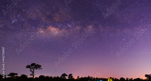 Panorama blue night sky milky way and star on dark background.Universe filled with stars, nebula and galaxy.