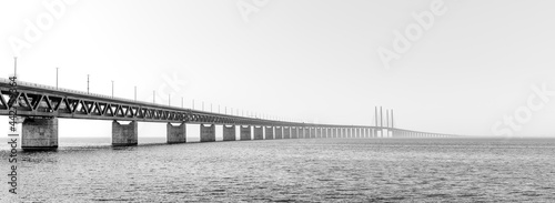 black and white panorama view of the Oresund Bridge between Denmark and Sweden photo