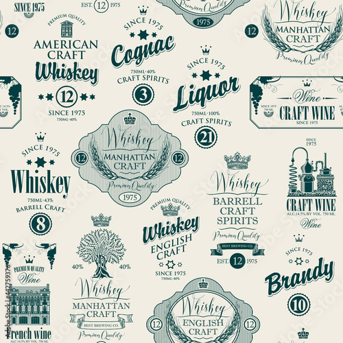 Vector seamless pattern with labels for various alcoholic beverages in retro style. Monochrome repeating background with drawings and inscriptions whiskey, liquor, cognac, wine, brandy, craft wine.
