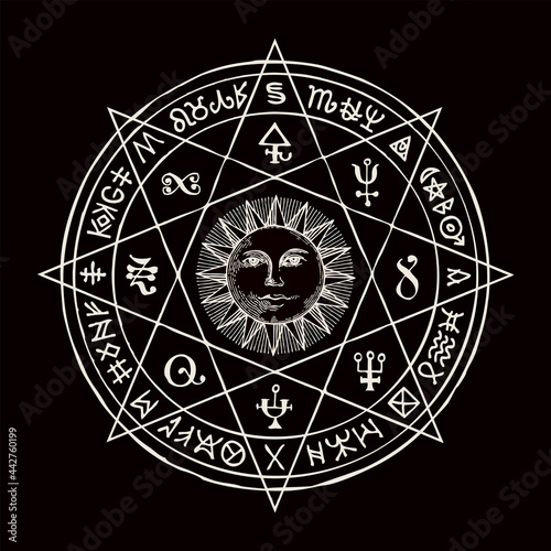 Hand-drawn illustration with the Sun inside octagonal star and esoteric symbols on a black background. Vector banner, mascot or amulet in the form of a circle with magic signs and runes in retro style