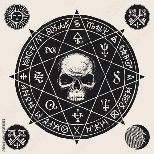 Hand-drawn illustration with a sinister human skull inside an octagonal star and esoteric symbols in retro style. Vector banner or talisman in the form of circle with witchcraft signs and magic runes