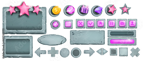 Game vector UI stone button set, interface rock icons, vector gray boulder sign board, menu elements. Mobile app collection, arrow, cross, star, crystal, coin, present. Game buttons, cracked frame