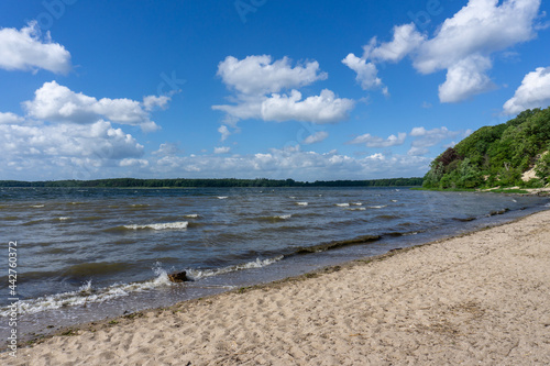view of the Roskilde Fjord with a sandy beach and forest on the shoreline photo