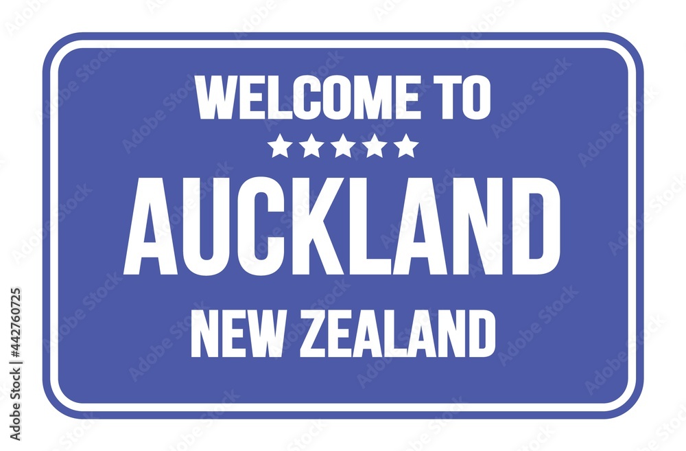 WELCOME TO AUCKLAND - NEW ZEALAND, words written on light blue street sign stamp
